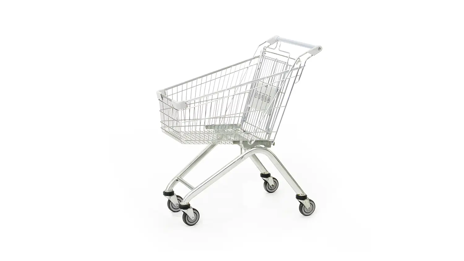 Klassischer Einkaufswagen mit vier Rollen, leer, auf weißem Hintergrund.