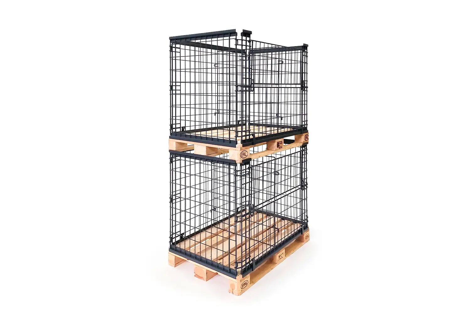 Stapelbare Gitterboxen auf Europaletten für Lagerhaltung und Transport. Praktisches Lagersystem für Industrie und Handel, optimal zur platzsparenden Aufbewahrung von Waren.