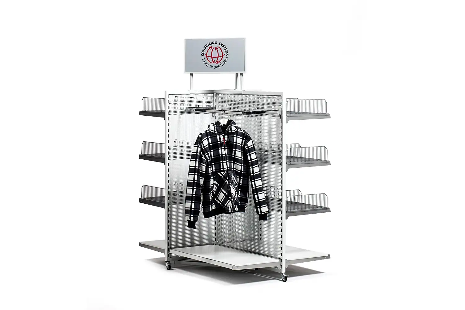 Moderner Verkaufsständer auf Rollen mit Haken für vielseitige Präsentationen. Ideal für den Einzelhandel und zur flexiblen Warenpräsentation.