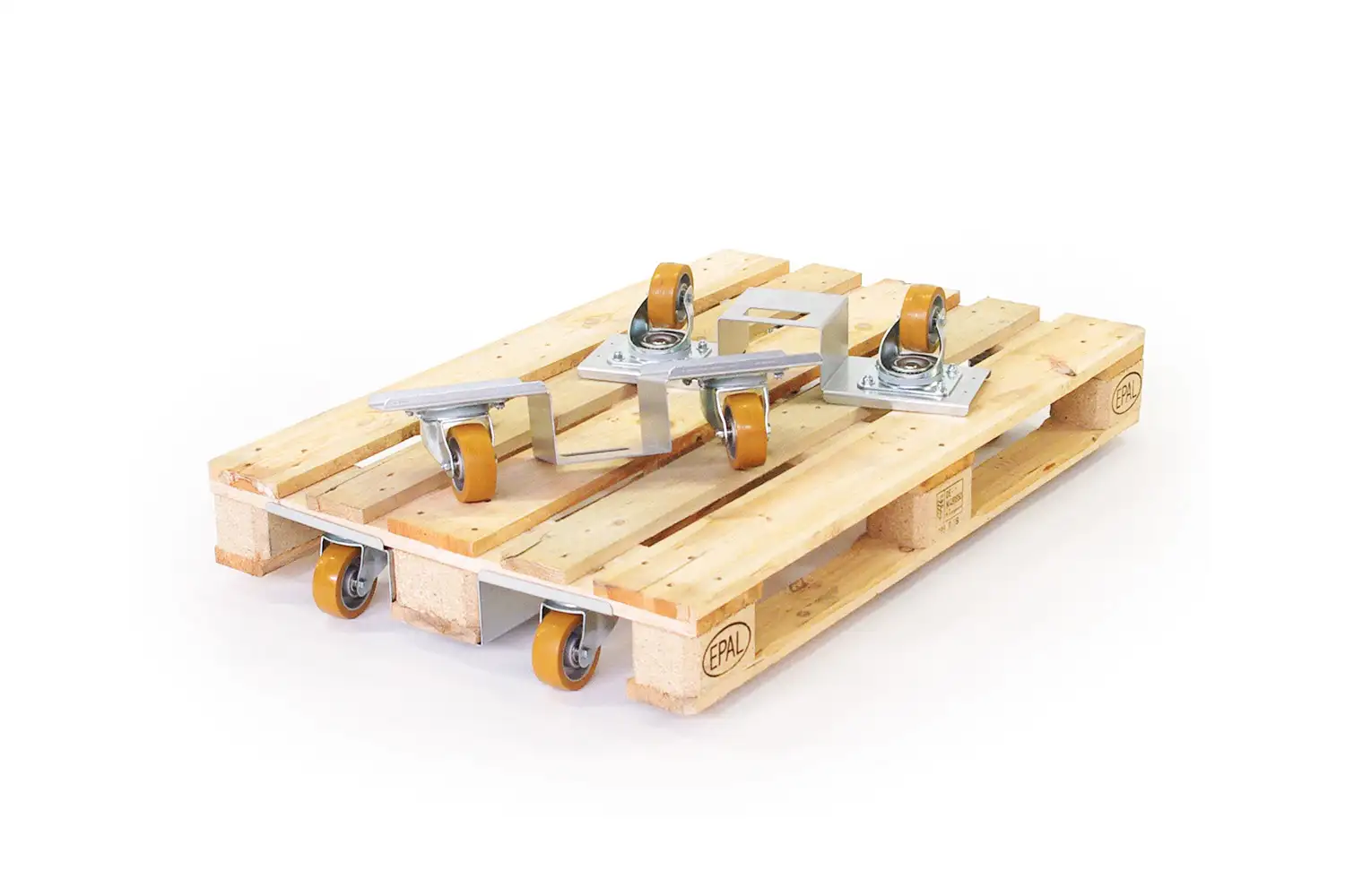 Rollbare Holzpalette mit zusätzlichen Lenkrollen für mobile Einsätze. Ideal für Transport, Lagerhaltung und effiziente Logistikprozesse.