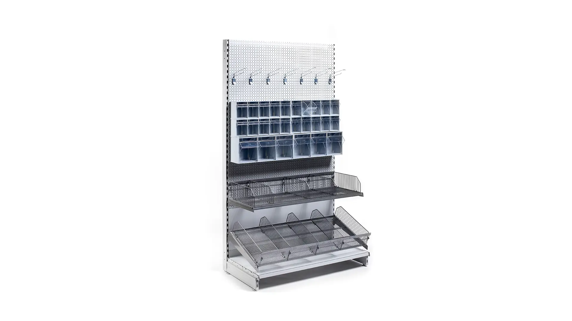 Übersichtliche Reihen von SB-Regalen mit Drahtkörben in einer hellen, modernen Ladenfläche. Perfekt für Einzelhandelsgeschäfte und Selbstbedienungsbereiche.