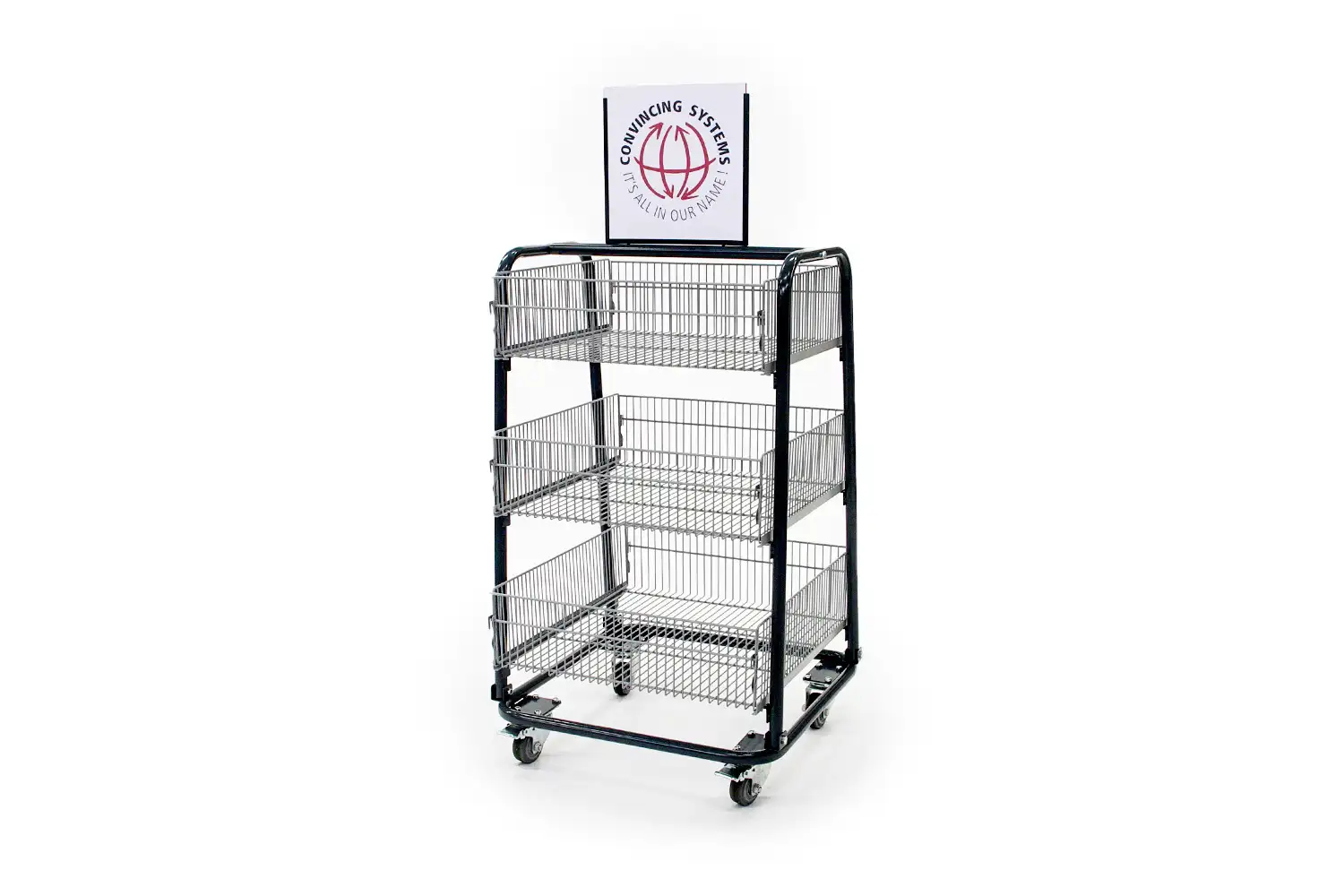 Mobiles Regal mit vier silbernen Drahtkörben und einem weißen Werbeschild mit Logoaufschrift 'CONVINCING SYSTEMS'.