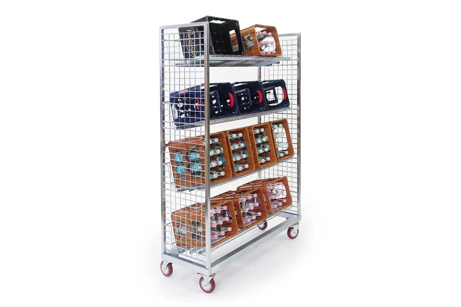 Rollbares Metallregal mit Gitterstruktur und vier Ebenen, bestückt mit Getränkekisten in verschiedenen Farben.