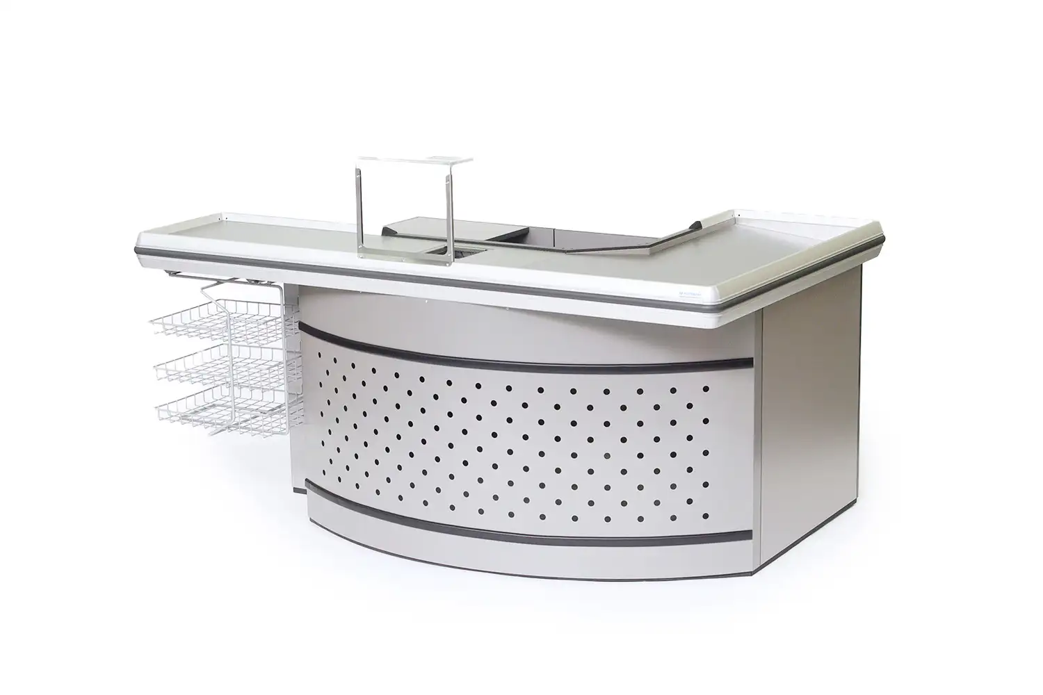 Halbrunde Verkaufstheke mit Metalloberfläche und Lochblechfront, zusätzlich mit seitlich montierten Drahtkörben zur Warenpräsentation.
