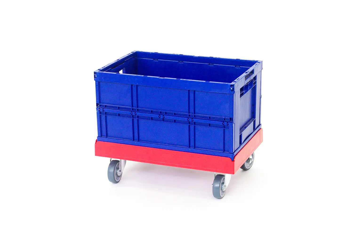 Ein blauer Kunststoffbehälter auf einem roten Rolluntergestell mit vier Lenkrollen. Der Behälter ist offen und hat keine Abdeckung.