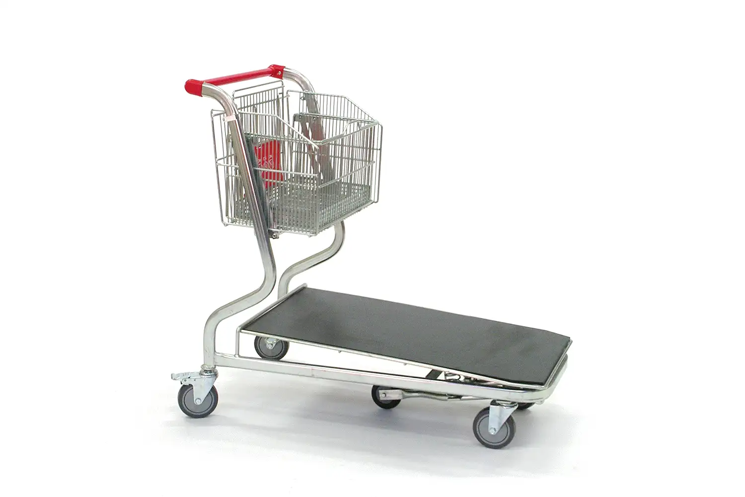 Ein Einkaufswagen mit einer schwarzen Plattform unten und einem kleinen Einkaufskorb oben. Der Griff ist rot, das Gestell ist aus Metall.